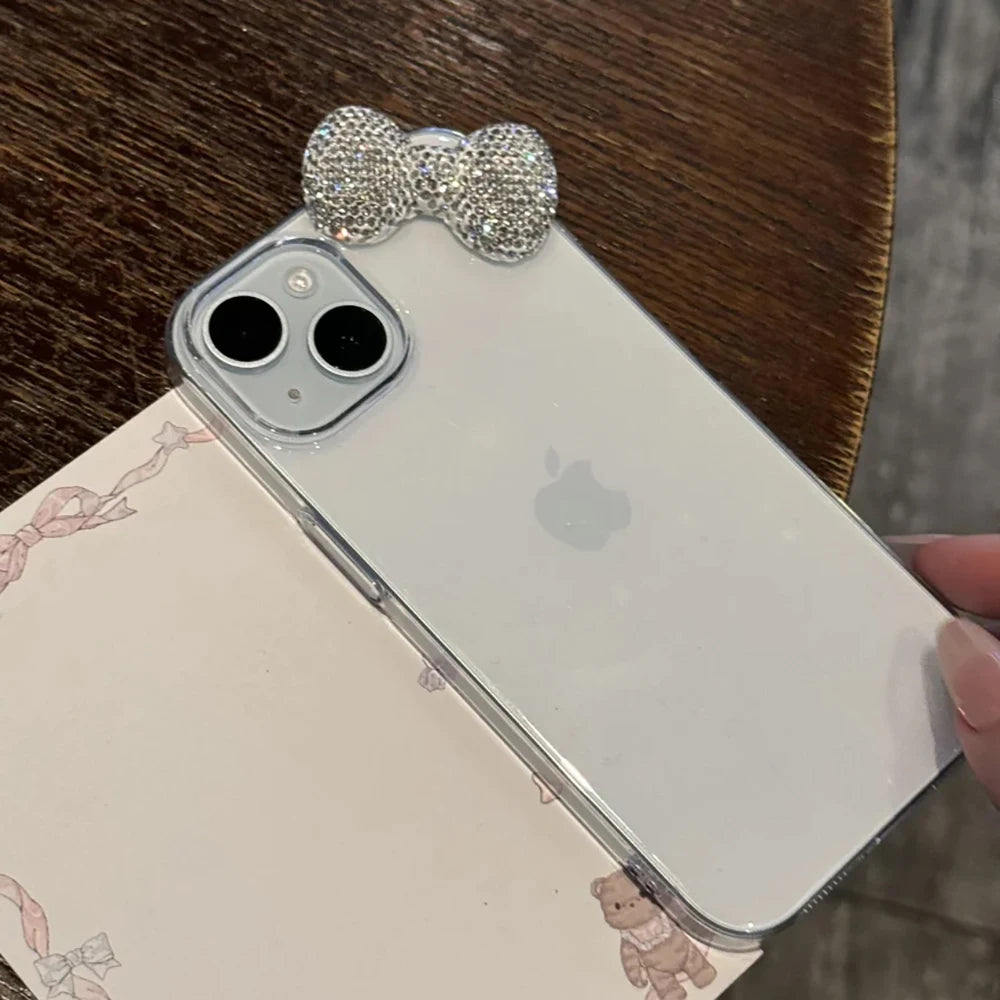 Luxury Bling 3D Diamond Bowknot Tansparent Phone Case For iPhone 16 15 14 13 11 12 Pro Max Plus X XR XS Lovely Soft Cover Funda