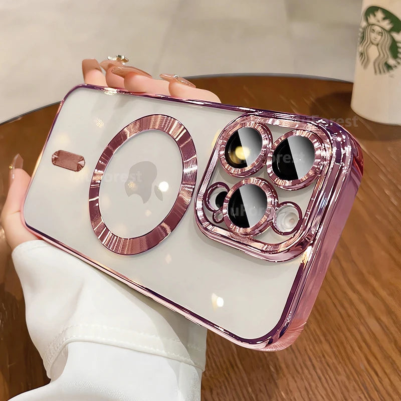 Luxury For Magsafe Magnetic For iPhone 16 15 14 13 12 11 Pro Max Plus Transparent Pink Soft Plating Lens Protection Case Cover