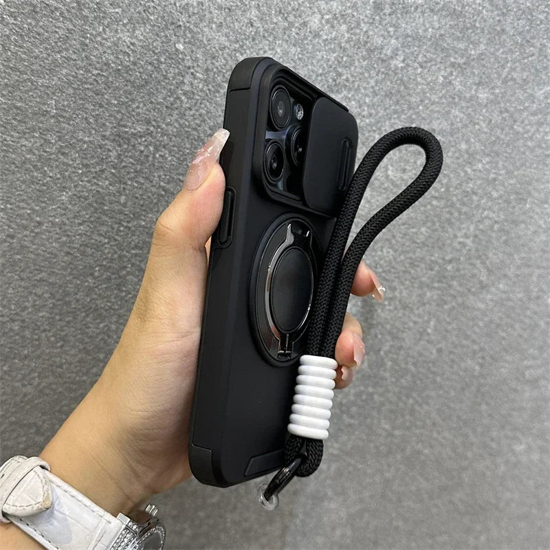 Armor Magnetic Bracket Case for iPhone 16 14 13 12 11 15 Pro Max Plus With Lanyard Slide Camera Protection Shockproof Cover