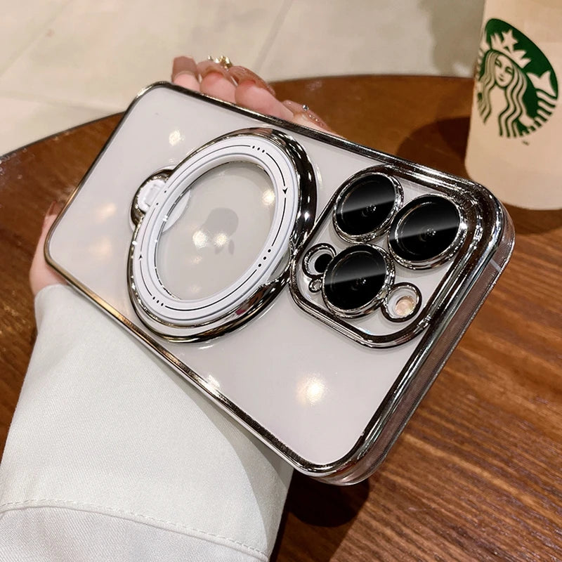 Luxury Magsafe Wireless Charging Case For iPhone 15 16 14 13 12 11 Pro Max Plus Transparent Magnetic Ring Bracket Bumper Cover