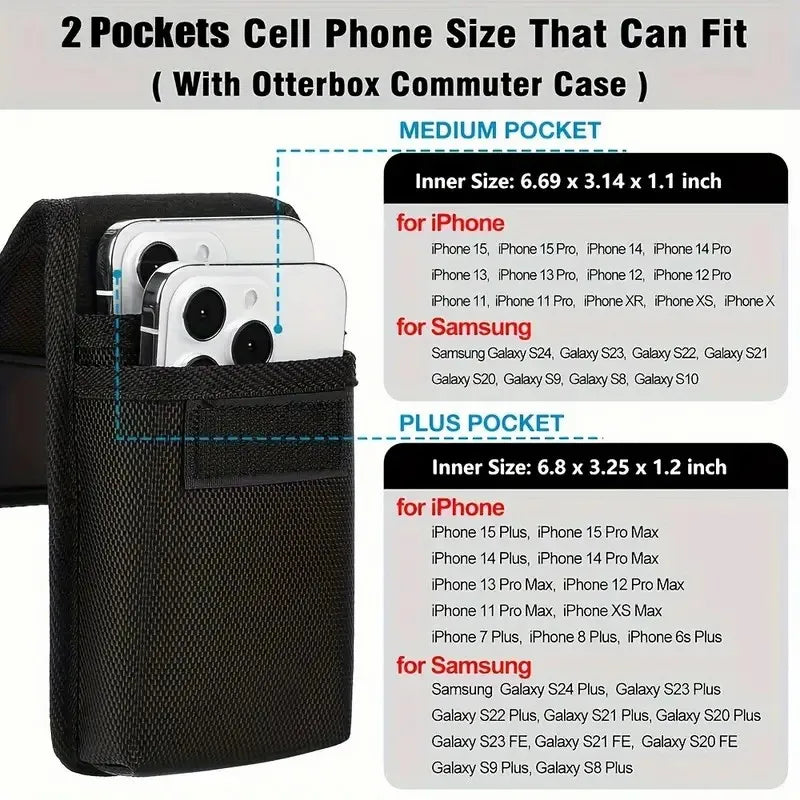 Universal phone bag under 7.5 inches Nylon Dual Pocket Cell Phone Belt Pouch Case Men's Outdoor bag for iPhone 16 15 Samsung S23
