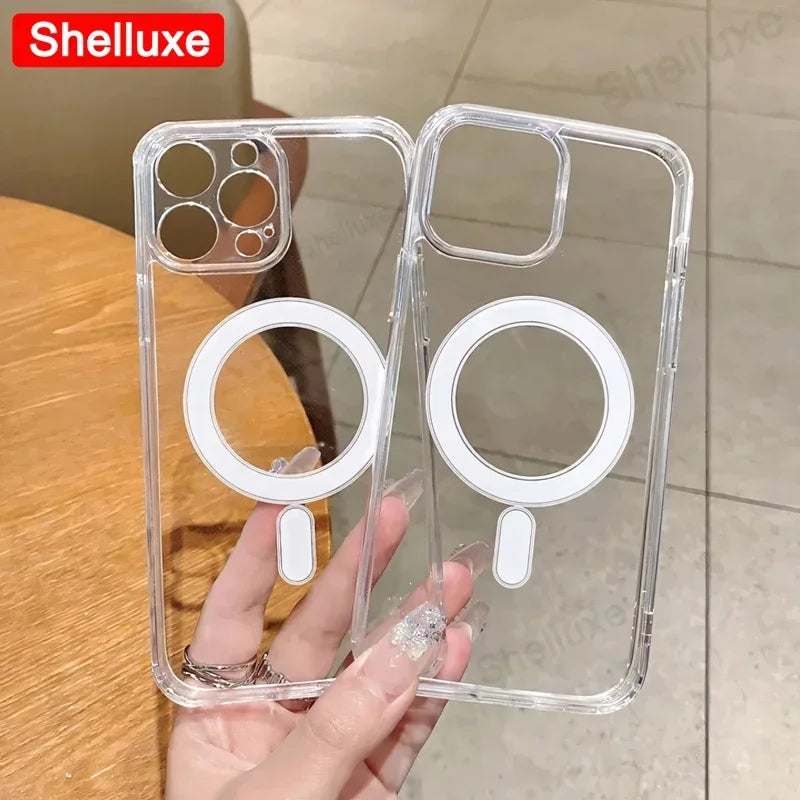 For Magesafe Magnetic Transparent Wireless Charge Case Shelluxe For iPhone 16 15 14 Plus 13 12 Mini 11 Pro Max PC Phone Cover