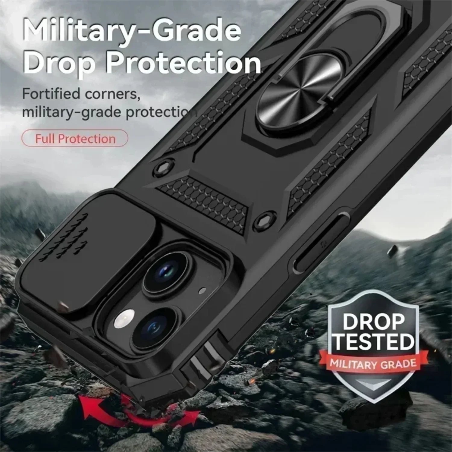 Ring Stand Rotating Slide Camera Lens Military Grade Armor Case for iPhone 16 14 13 12 11 15 Pro Max Plus 12Mini X XR 7 8 Cover
