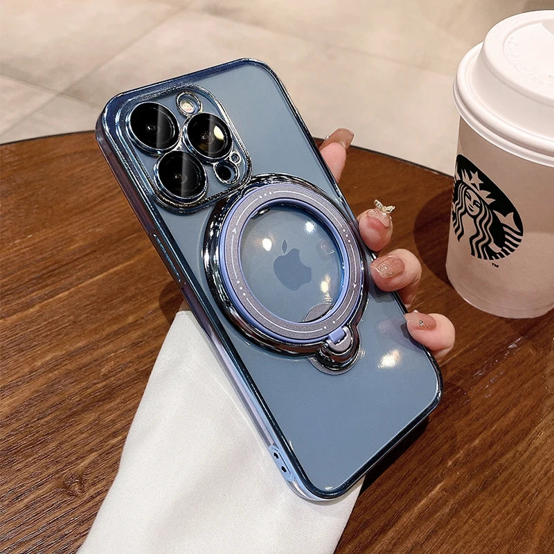 Luxury Magsafe Wireless Charging Case For iPhone 15 16 14 13 12 11 Pro Max Plus Transparent Magnetic Ring Bracket Bumper Cover