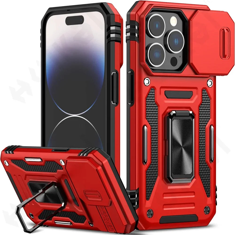 Case For iPhone 16 15 14 13 12 11 Pro XS Max Plus XR 8 7 Plus SE 2024 Ring Stand Armor Anti-fall Slide Camera Kickstand Cover