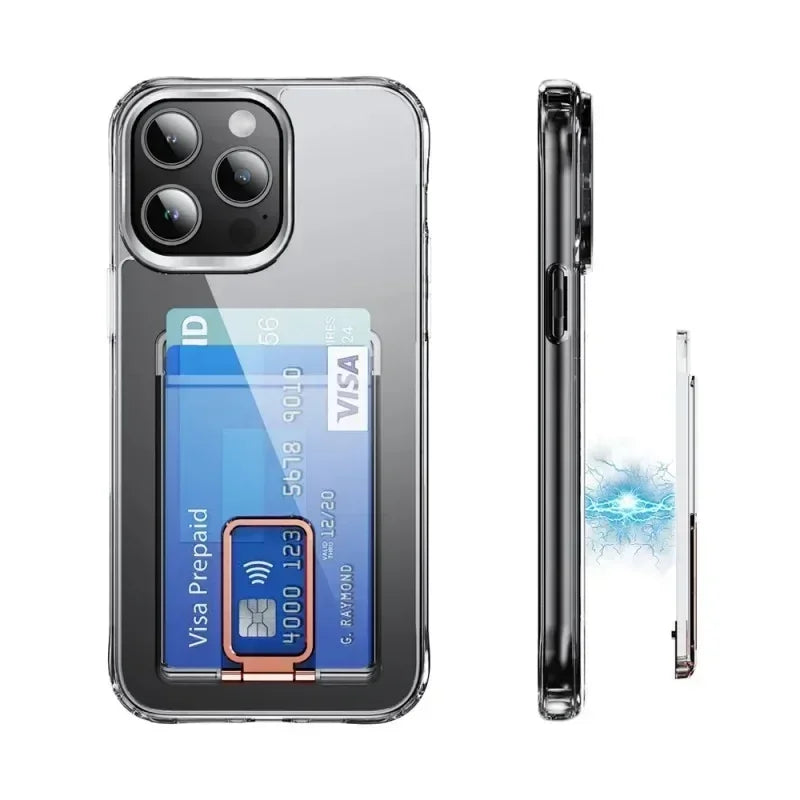 Clear Magnetic Card Holder Wallet Case For Magsafe iPhone 15 16 14 13 12 Pro Max Samsung S24 S23 Ultra Macsafe Card Slots Pocket