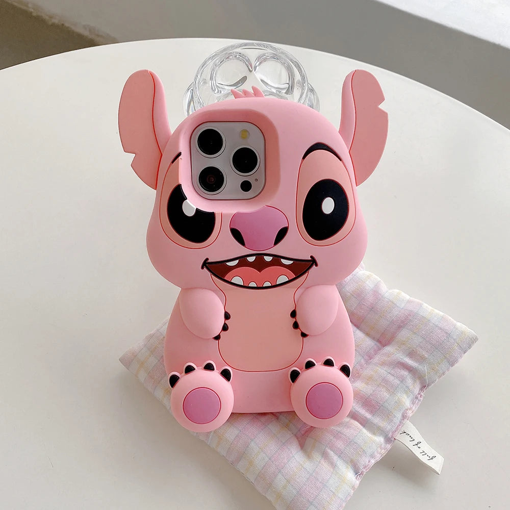 3D Stitch Big Ear Foot Holder Soft Phone Case for iPhone 16 Plus 15 Pro Max 12 11 13 14 Pro 15 Cartoon Silicone Stand Cover