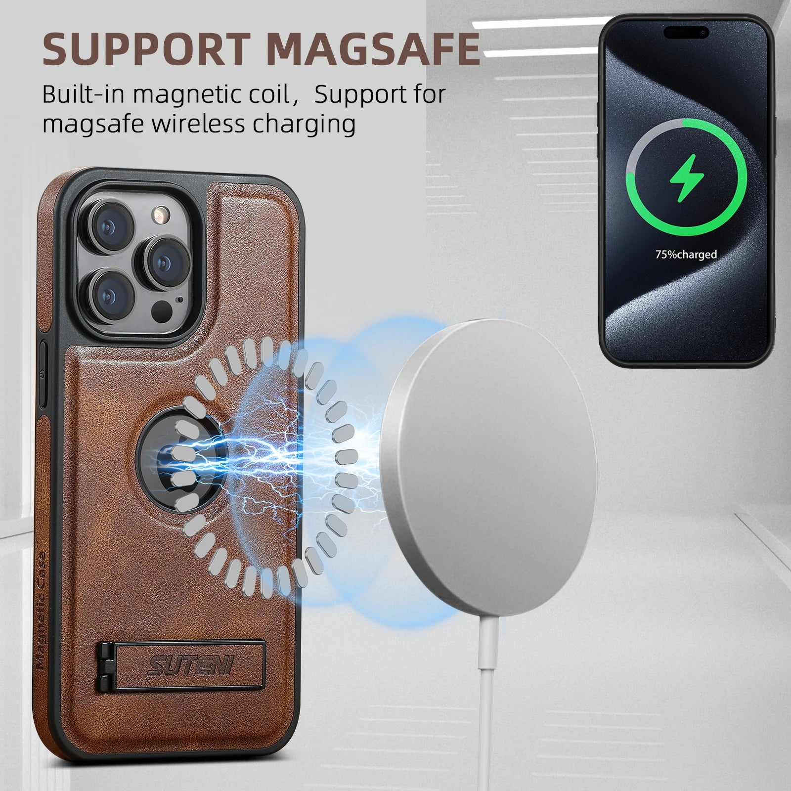 Luxury PU Leather MagSafe Magnetic Wireless Charging Case Stand Phone Case For iPhone 16 Pro Max 15 Plus 14 13 12
