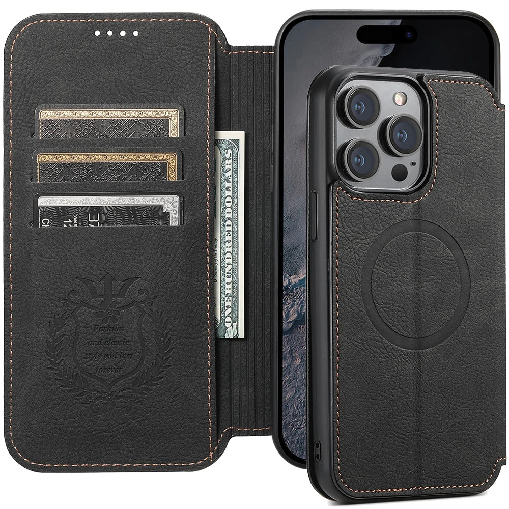 Compatible Wireless Charging Leather Phone Case For iPhone 12 13 14 16 Pro Max 15 Plus Flip Cover Wallet Card Holder