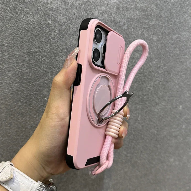 Armor Magnetic Bracket Case for iPhone 16 14 13 12 11 15 Pro Max Plus With Lanyard Slide Camera Protection Shockproof Cover