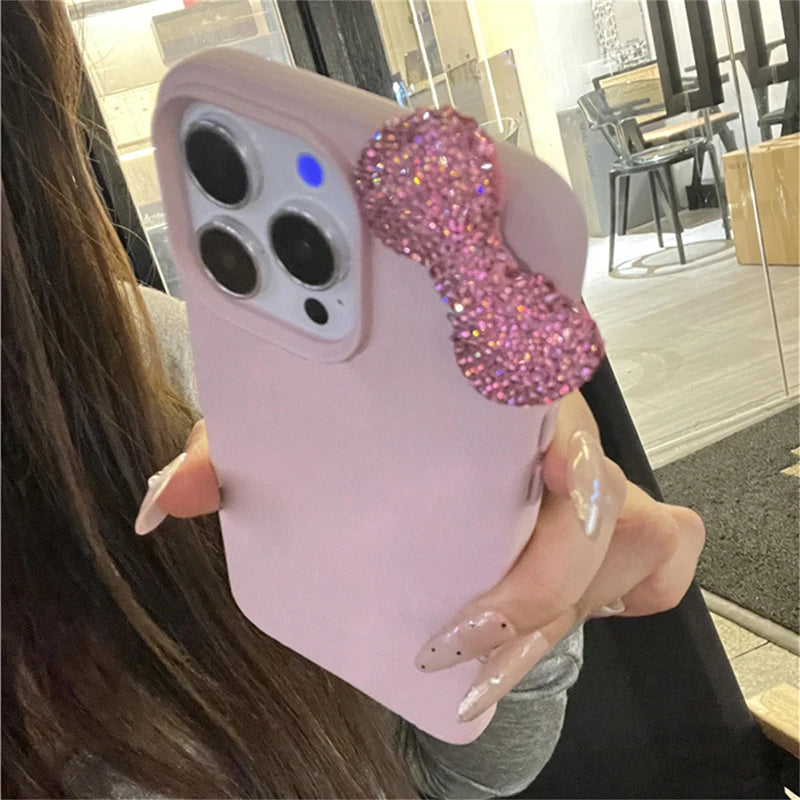 Luxury Rhinestone Bow Litchi Pattern Leather Shockproof Phone Case For iPhone 16 15 14 13 12 11 Pro Max X XS XR 7 Plus Soft Case
