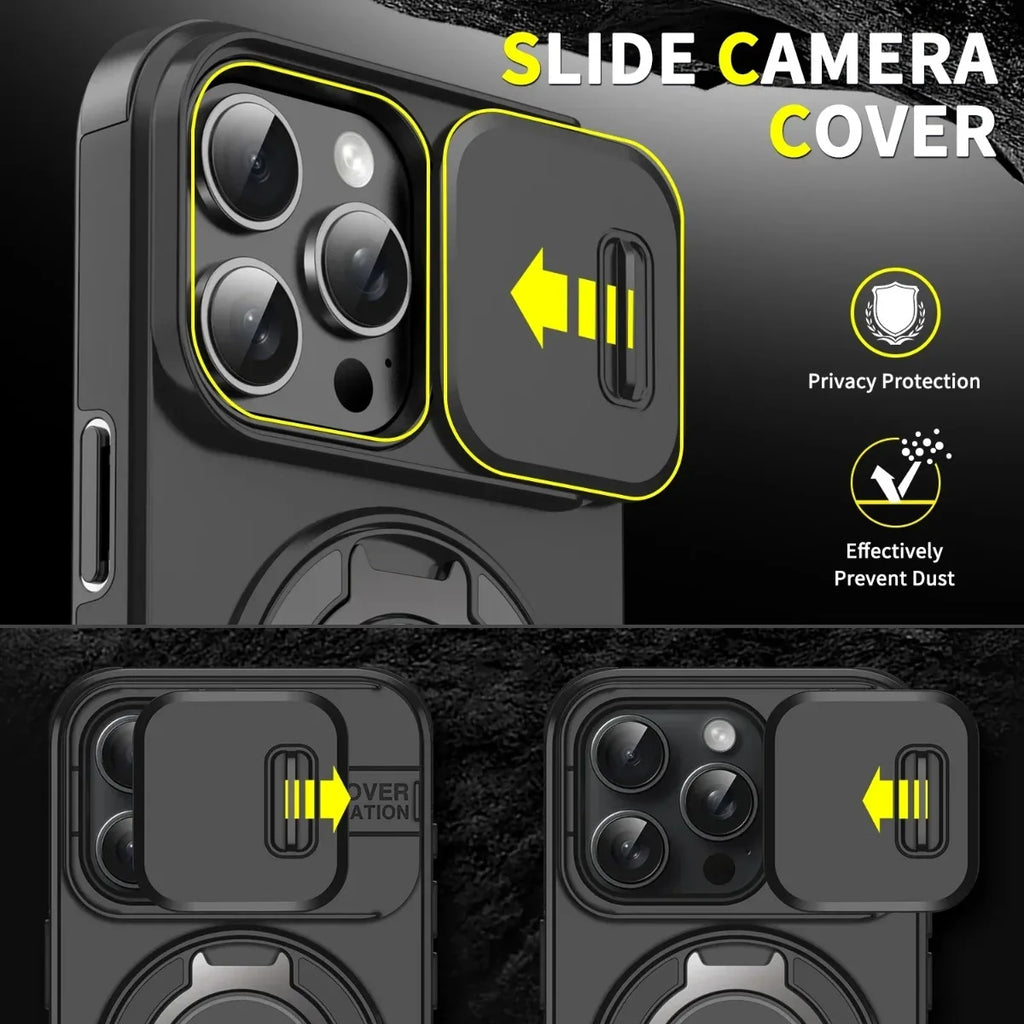 Armor Magnetic Bracket Case for iPhone 16 14 13 12 11 15 Pro Max Plus With Lanyard Slide Camera Protection Shockproof Cover