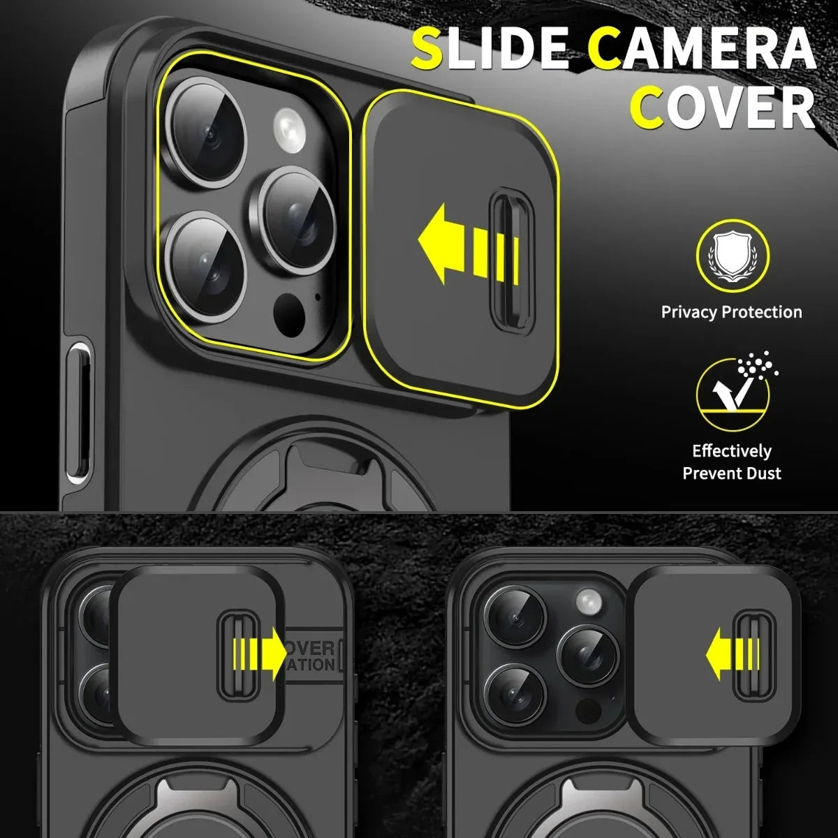 Armor Magnetic Bracket Case for iPhone 16 14 13 12 11 15 Pro Max Plus With Lanyard Slide Camera Protection Shockproof Cover
