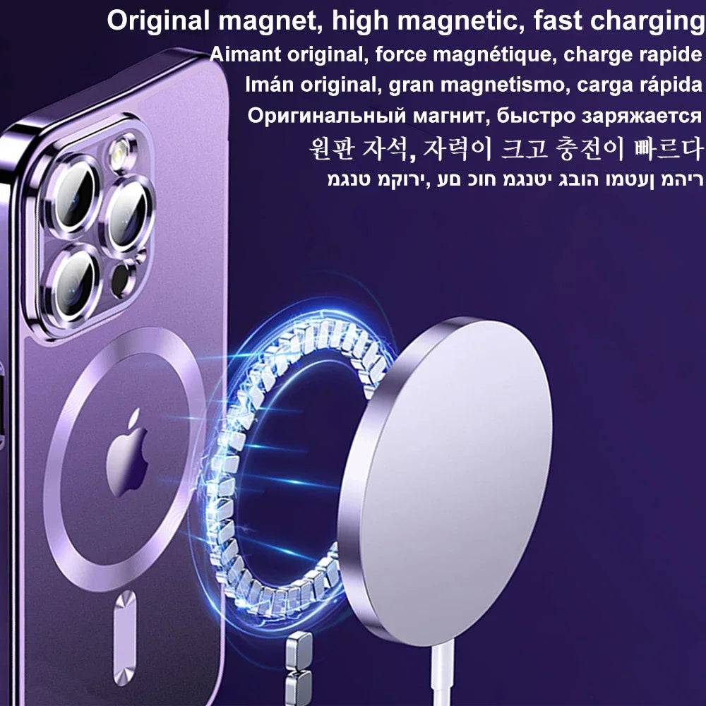 Magnetic Plating Case For iPhone 16e15 14 16 13 12 11 Pro Max With Camera Lens Protector Glass For Magsafe Wireless Charge Cover
