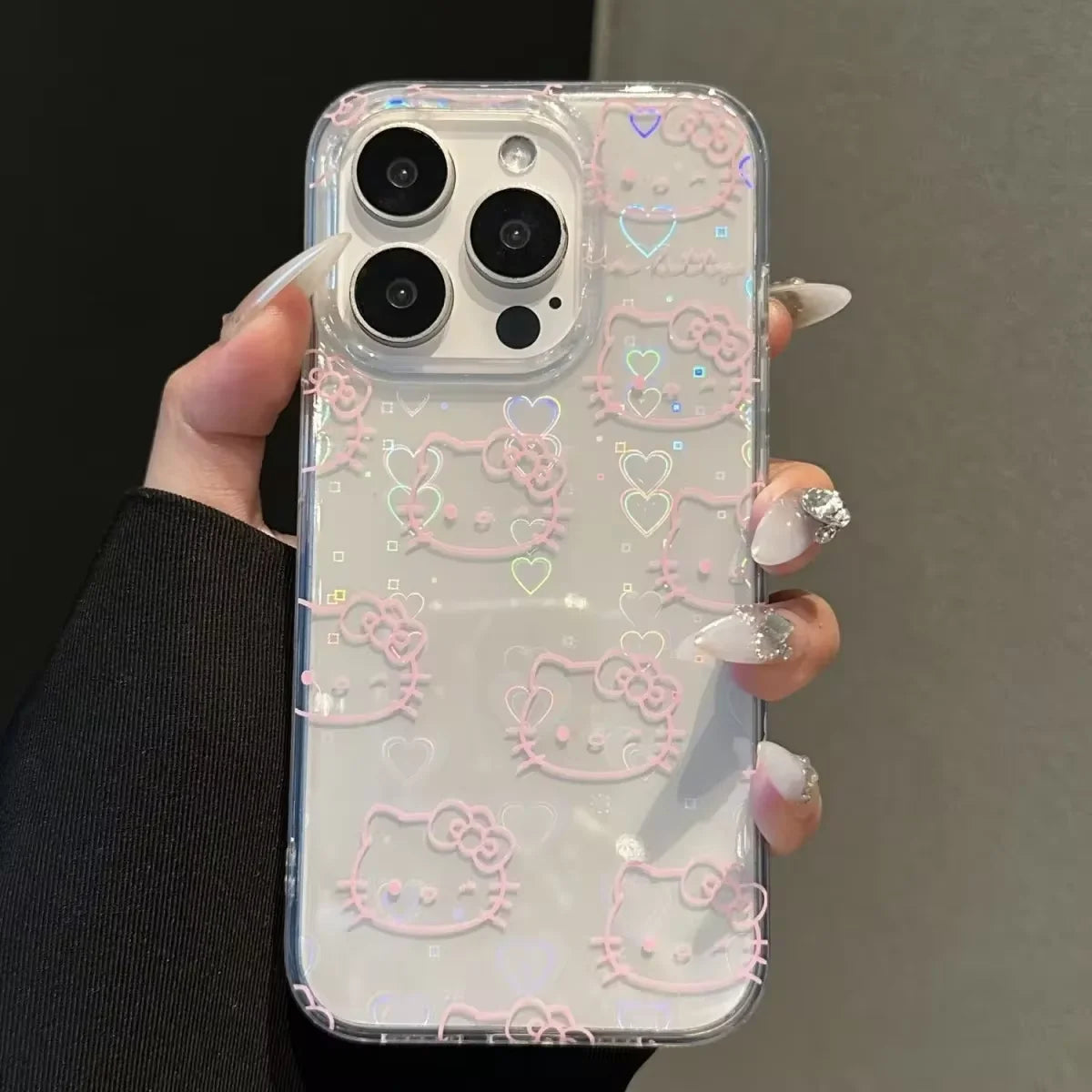 Lovely Hello Kitty Bow Kawaii Holder Phone Case For iPhone 16 15 14 12 13 11 Pro Max XR XS MAX 7 8 PLUS MINI Y2K Bow Laser Cover