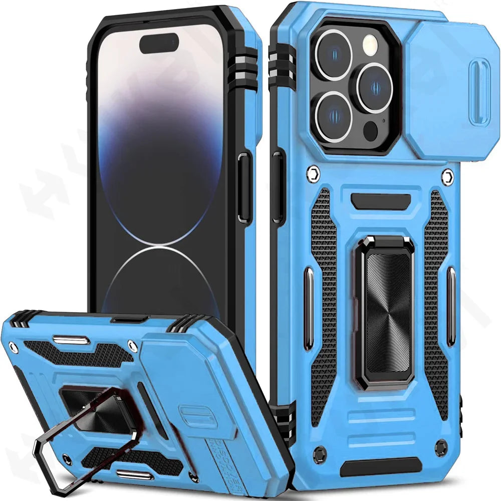 Case For iPhone 16 15 14 13 12 11 Pro XS Max Plus XR 8 7 Plus SE 2024 Ring Stand Armor Anti-fall Slide Camera Kickstand Cover