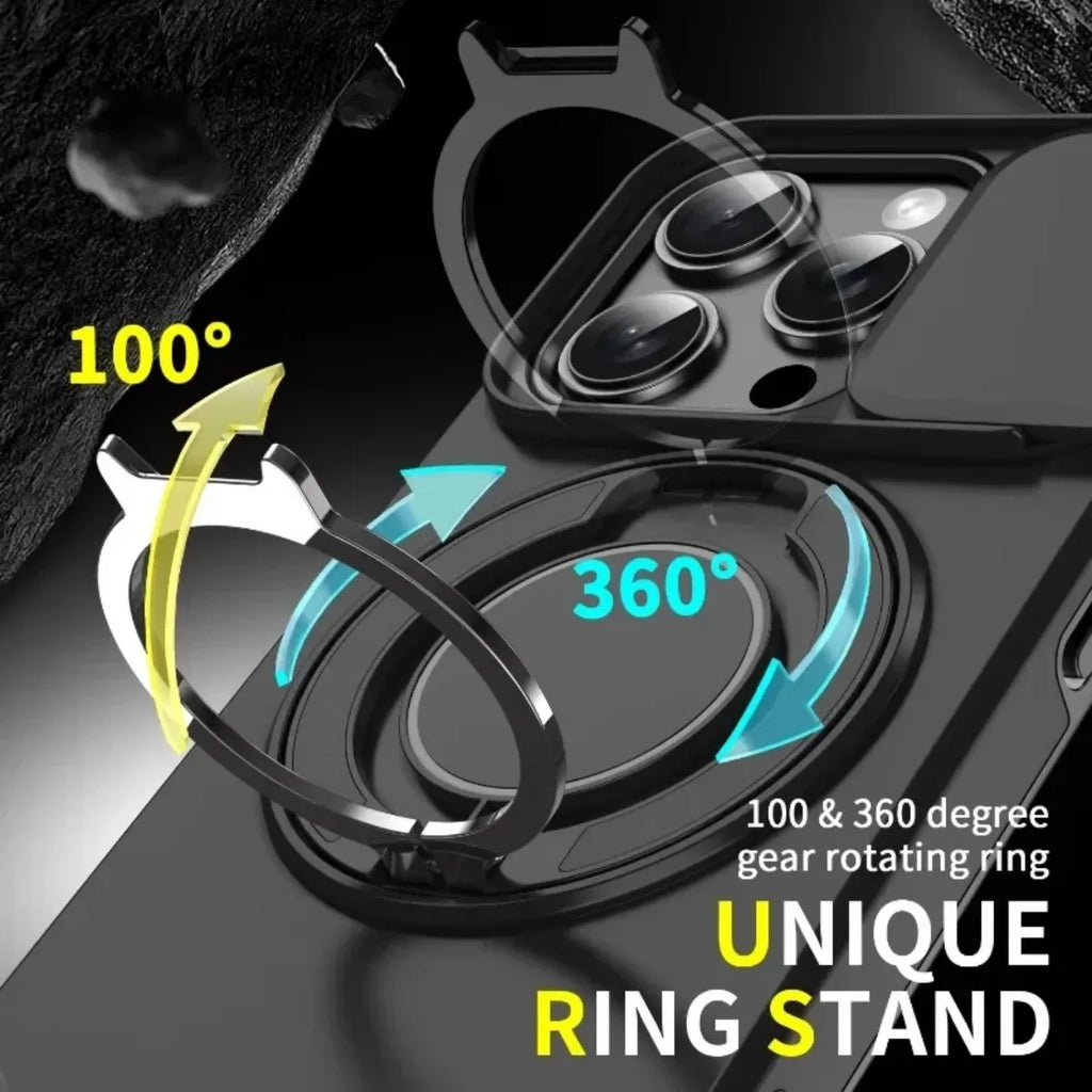Armor Magnetic Bracket Case for iPhone 16 14 13 12 11 15 Pro Max Plus With Lanyard Slide Camera Protection Shockproof Cover