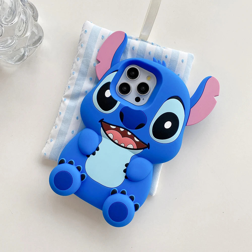 3D Stitch Big Ear Foot Holder Soft Phone Case for iPhone 16 Plus 15 Pro Max 12 11 13 14 Pro 15 Cartoon Silicone Stand Cover