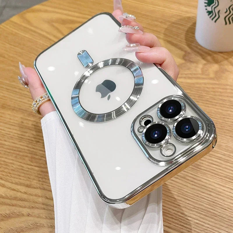 Magnetic Plating Case For iPhone 15 16 14 Plus 13 12 11 Pro Max Camera Lens Protector Glass For Magsafe Wireless Charger Cover
