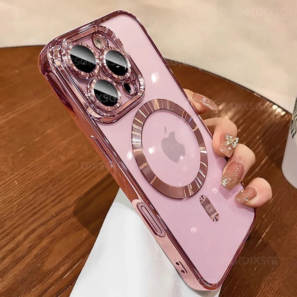 Luxury For Magsafe Magnetic For iPhone 16 15 14 13 12 11 Pro Max Plus Transparent Pink Soft Plating Lens Protection Case Cover