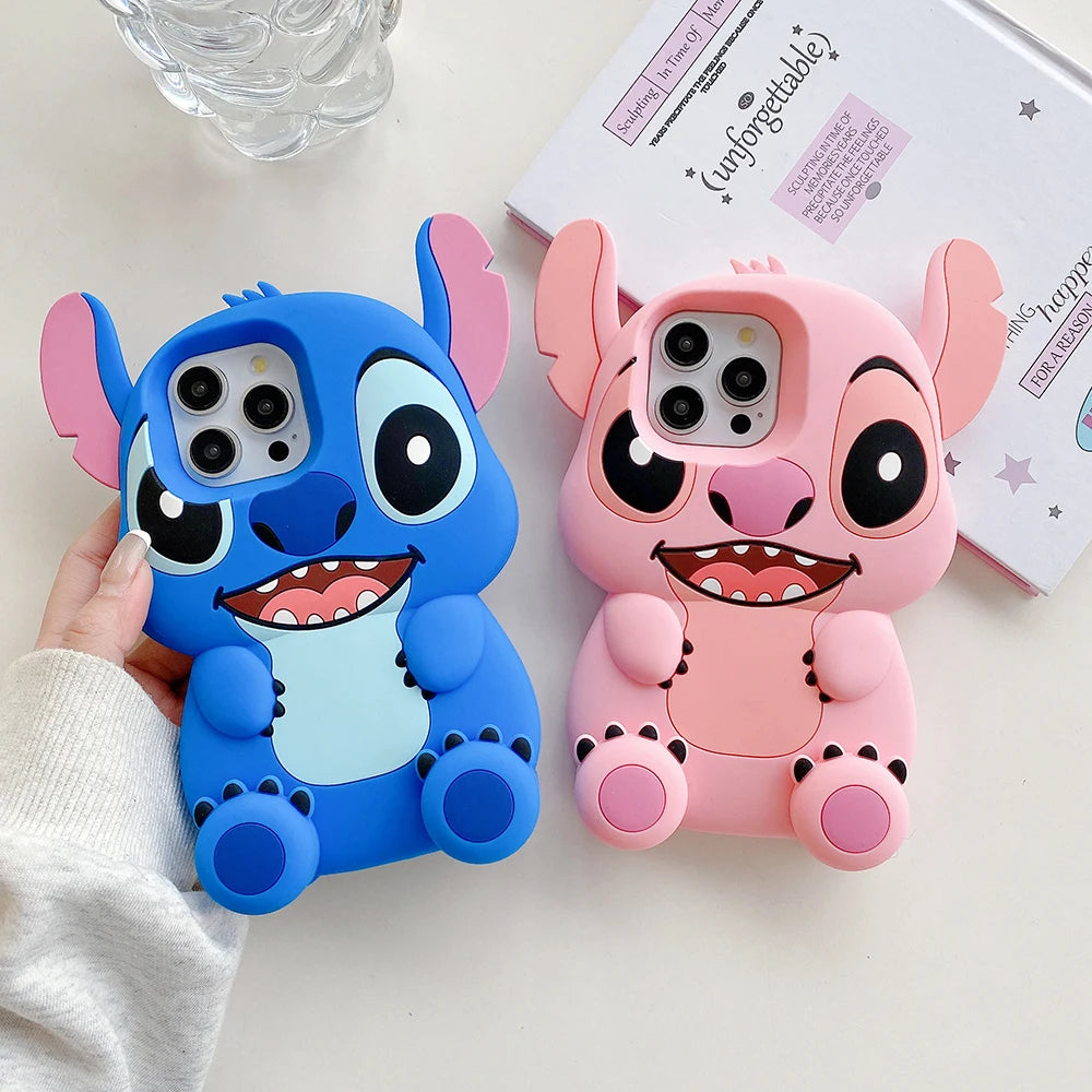 3D Stitch Big Ear Foot Holder Soft Phone Case for iPhone 16 Plus 15 Pro Max 12 11 13 14 Pro 15 Cartoon Silicone Stand Cover