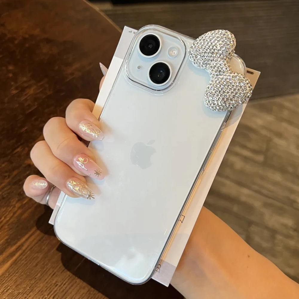 Luxury Bling 3D Diamond Bowknot Tansparent Phone Case For iPhone 16 15 14 13 11 12 Pro Max Plus X XR XS Lovely Soft Cover Funda