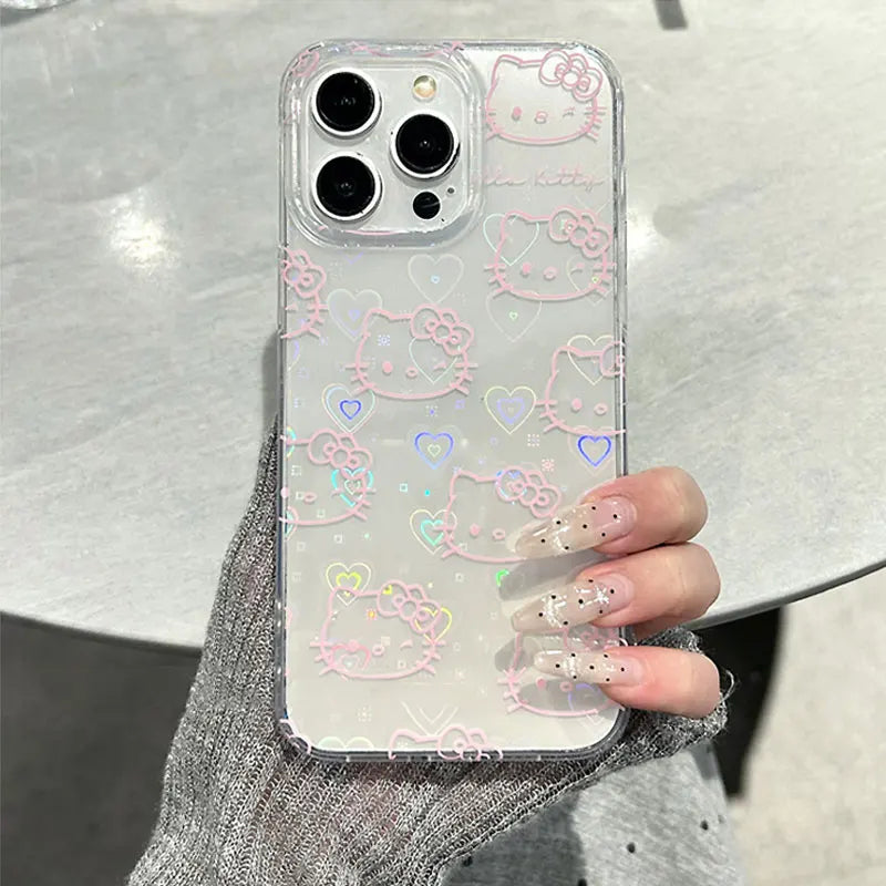 Lovely Hello Kitty Bow Kawaii Holder Phone Case For iPhone 16 15 14 12 13 11 Pro Max XR XS MAX 7 8 PLUS MINI Y2K Bow Laser Cover