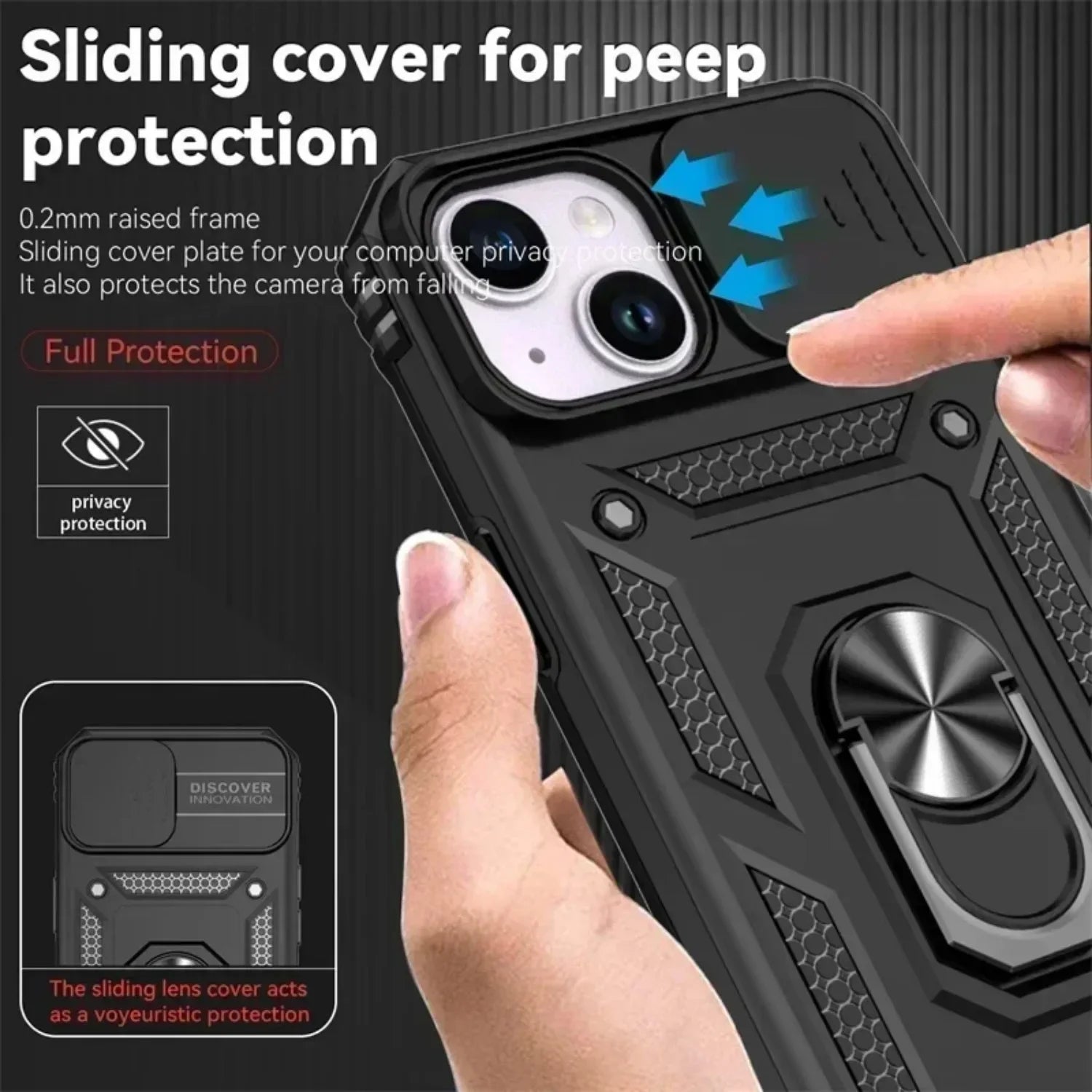 Ring Stand Rotating Slide Camera Lens Military Grade Armor Case for iPhone 16 14 13 12 11 15 Pro Max Plus 12Mini X XR 7 8 Cover