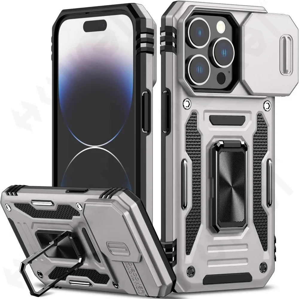 Case For iPhone 16 15 14 13 12 11 Pro XS Max Plus XR 8 7 Plus SE 2024 Ring Stand Armor Anti-fall Slide Camera Kickstand Cover