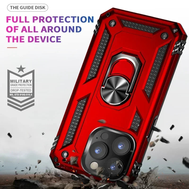 Luxury Shockproof Armor Bumper Case For iPhone 16 15 14 Plus 13 12 11 Pro Max Finger Holder Funda Magnetic Metal Ring Cover
