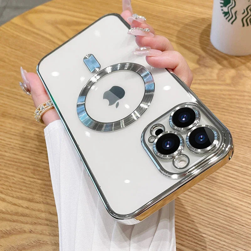 Magnetic Plating Case For iPhone 16e15 14 16 13 12 11 Pro Max With Camera Lens Protector Glass For Magsafe Wireless Charge Cover
