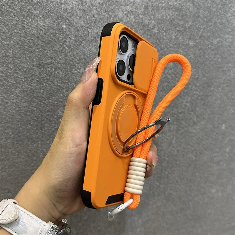 Armor Magnetic Bracket Case for iPhone 16 14 13 12 11 15 Pro Max Plus With Lanyard Slide Camera Protection Shockproof Cover