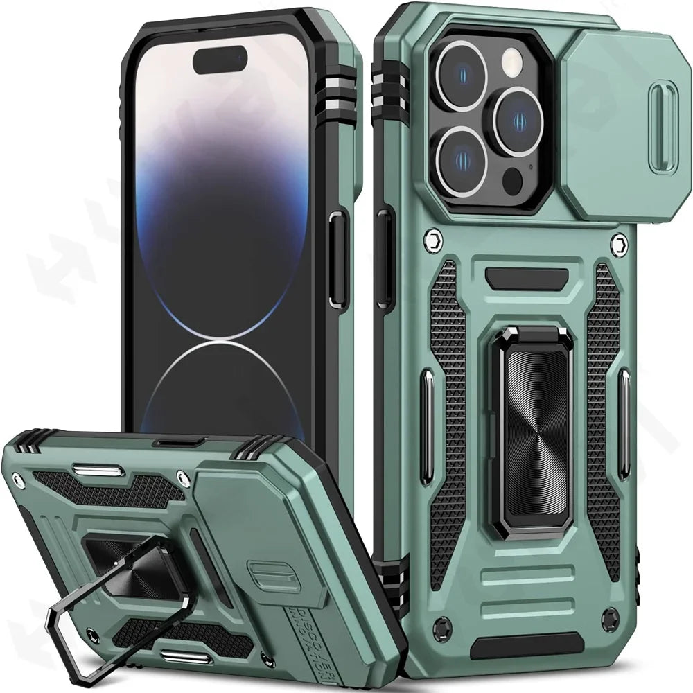 Case For iPhone 16 15 14 13 12 11 Pro XS Max Plus XR 8 7 Plus SE 2024 Ring Stand Armor Anti-fall Slide Camera Kickstand Cover