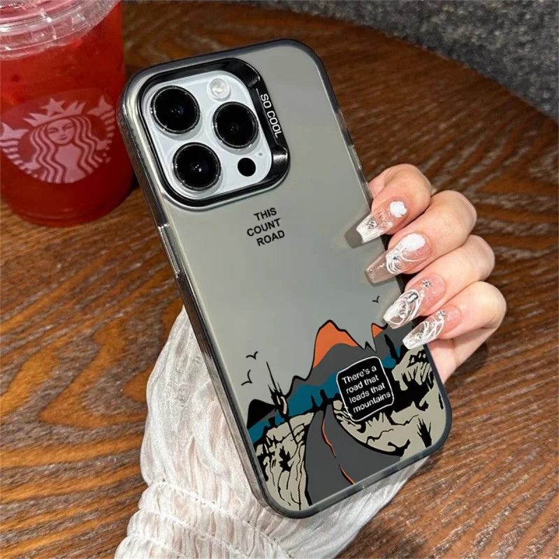 Snow Mountain Road Landscape Phone Case For IPhone 16 15 14 13 12 11 Pro XS Max 16E X XR 7 8 Plus Plating Matte Hard Cover Funda