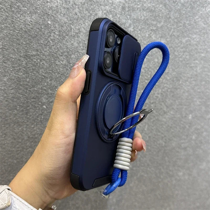 Armor Magnetic Bracket Case for iPhone 16 14 13 12 11 15 Pro Max Plus With Lanyard Slide Camera Protection Shockproof Cover