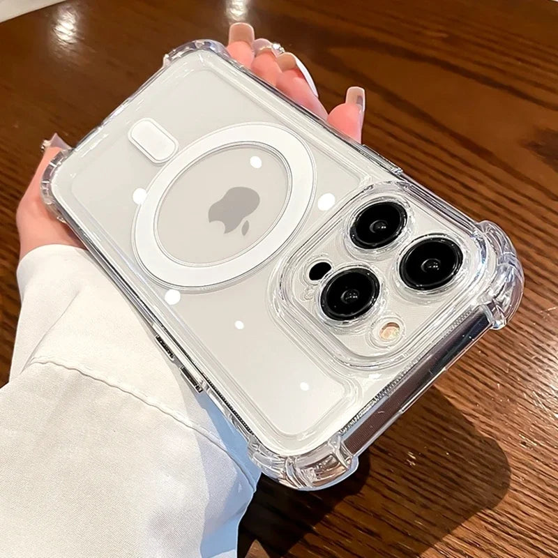 Luxury Magsafe Transparent Case For iPhone 16 15 14 13 12 11 Pro Max Plus Magnetic Wireless Charge Shockproof Soft Bumper Cover