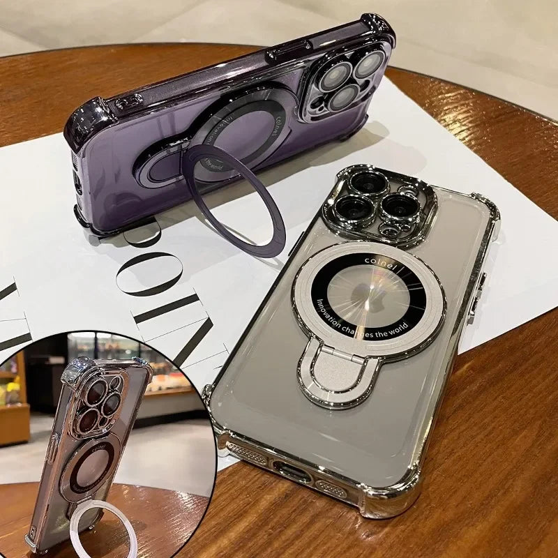 Luxury Plating Shockproof Magnetic Bracket Case For iPhone 15 16 11 12 13 14 Pro Max Plus For Magsafe With Holder Stand Cover