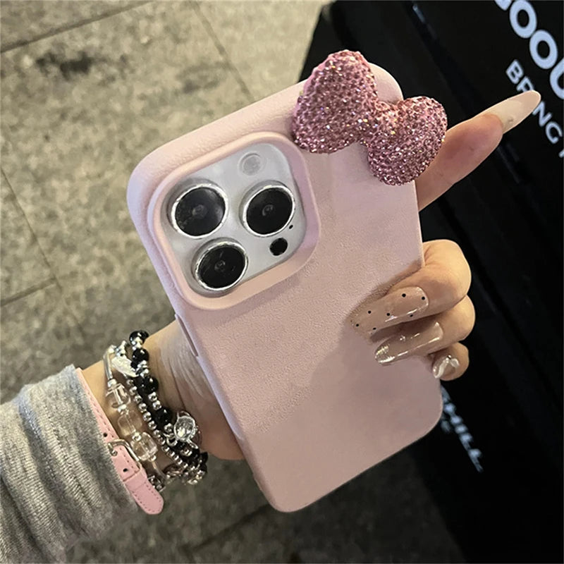 Luxury Rhinestone Bow Litchi Pattern Leather Shockproof Phone Case For iPhone 16 15 14 13 12 11 Pro Max X XS XR 7 Plus Soft Case