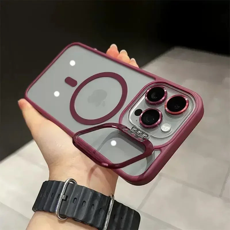 Magsafe Magnetic Lens Protection Stand Phone Case For IPhone 11 12 13 14 15 16 Pro Max Camera Glass Transparent Metal Ring Cover