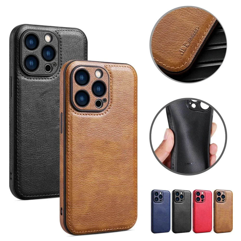 Soft Leather Case for iPhone 15 14 13 12 11 16 Pro Max XR XS Max 7 8 Plus Ultra Thin Lens Protection iphone16 16Pro Cover Coque