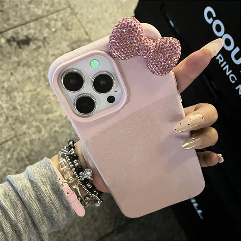 Luxury Rhinestone Bow Litchi Pattern Leather Shockproof Phone Case For iPhone 16 15 14 13 12 11 Pro Max X XS XR 7 Plus Soft Case