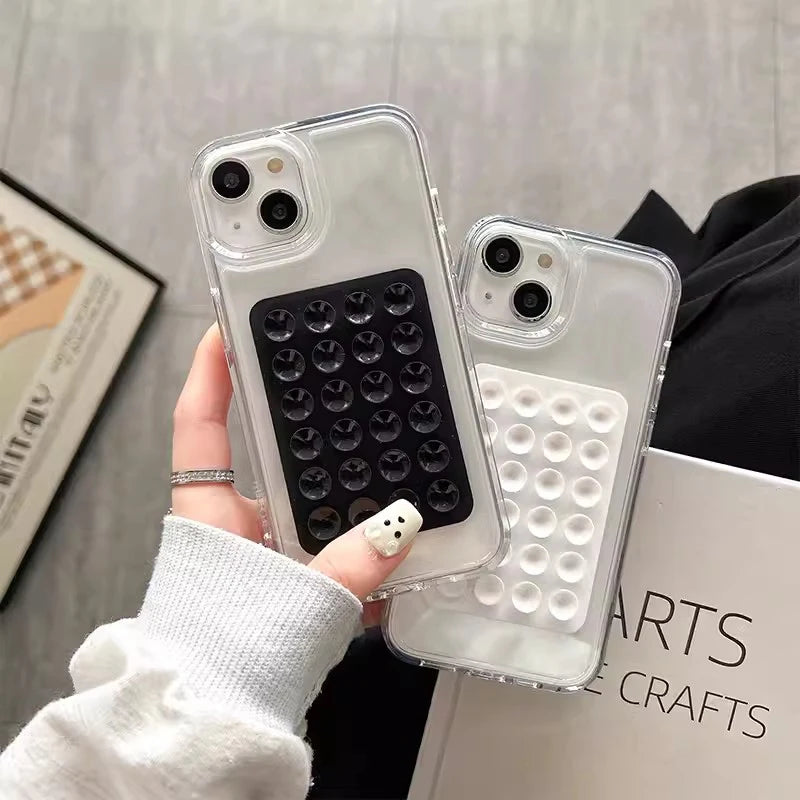Phone Case For iPhone 16 15 14 Pro Max Plus 16E 11 12 13 Pro 7 8 XR X XS SE2 3D Suction Cup Airbag Transparent Shockproof Cover
