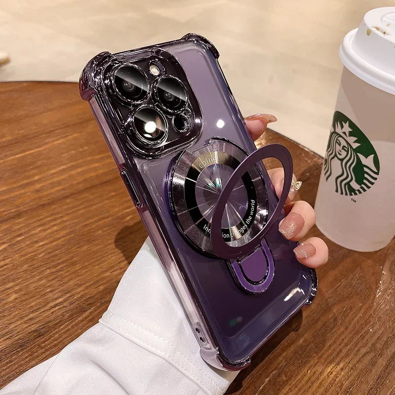 Luxury Plating Shockproof Magnetic Bracket Case For iPhone 15 16 11 12 13 14 Pro Max Plus For Magsafe With Holder Stand Cover