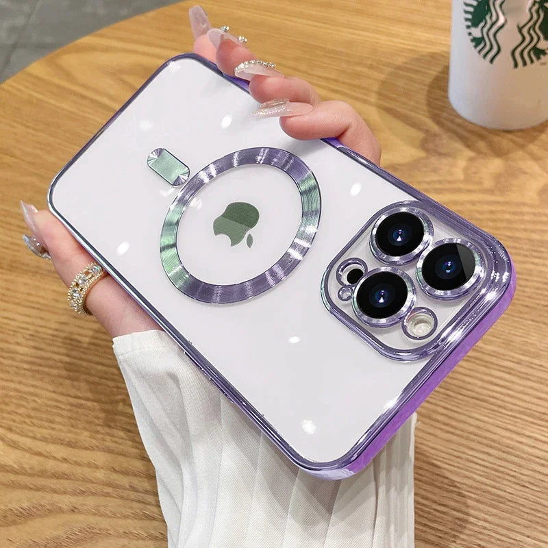 Magnetic Plating Case For iPhone 16e15 14 16 13 12 11 Pro Max With Camera Lens Protector Glass For Magsafe Wireless Charge Cover