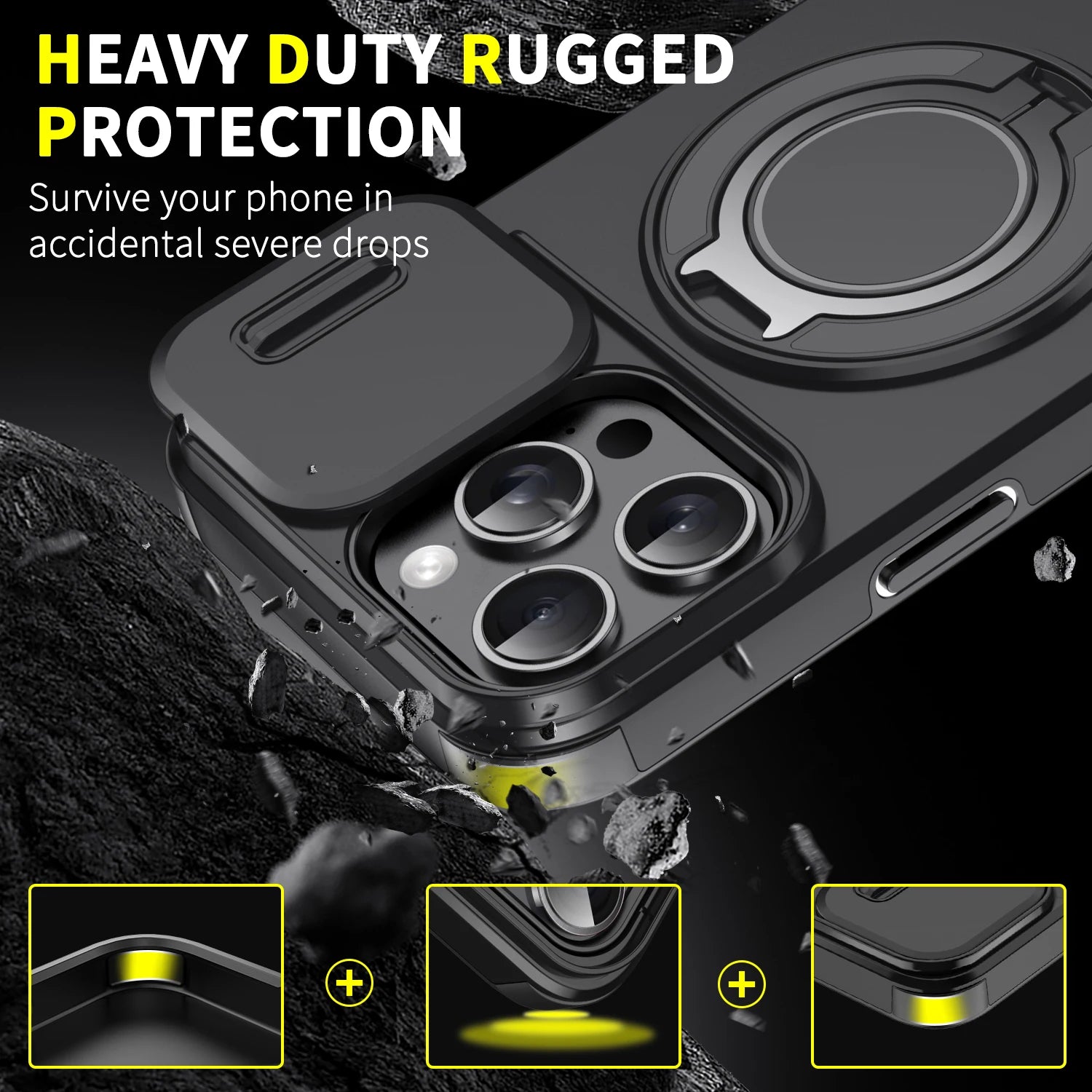 Heavy-duty Rugged Magnetic Ring Stand Case For iPhone 16 E 15 14 13 12 11 Pro Max Plus Slide Camera Protection For Magsafe Cover