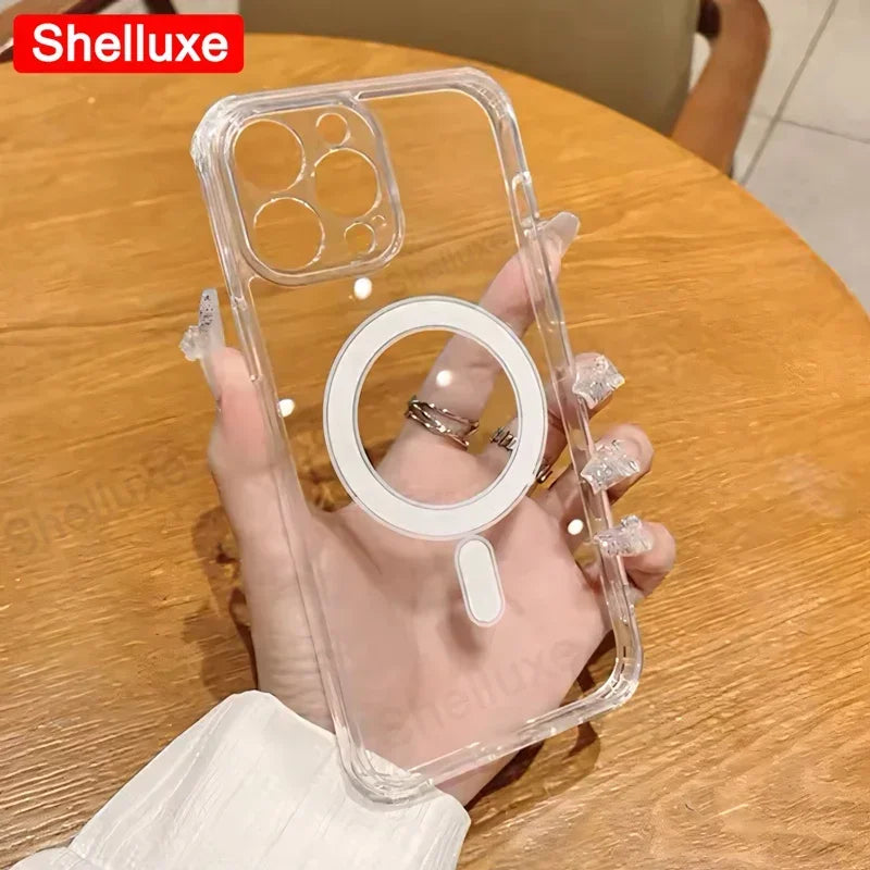 For Magesafe Magnetic Transparent Wireless Charge Case Shelluxe For iPhone 16 15 14 Plus 13 12 Mini 11 Pro Max PC Phone Cover