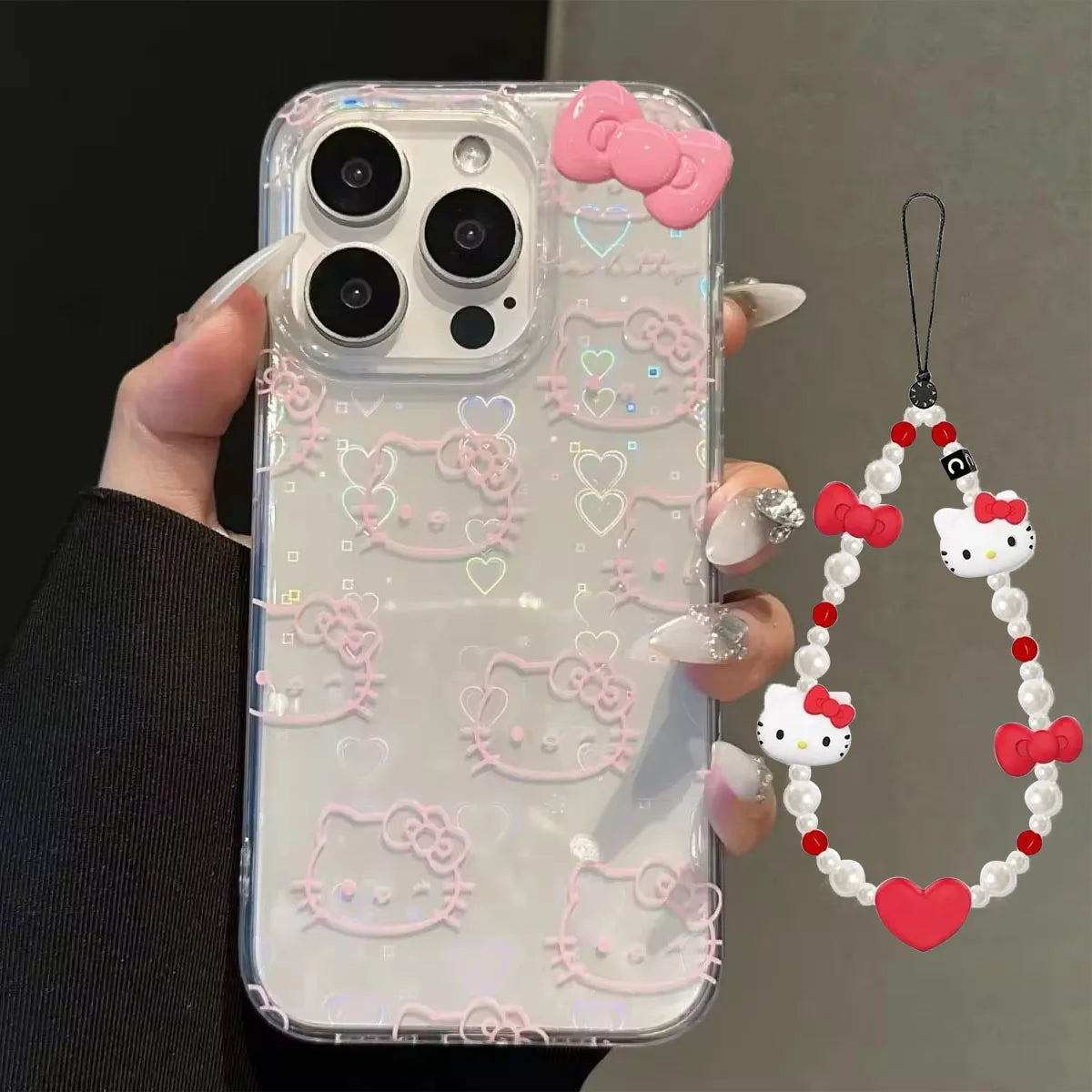 Lovely Hello Kitty Bow Kawaii Holder Phone Case For iPhone 16 15 14 12 13 11 Pro Max XR XS MAX 7 8 PLUS MINI Y2K Bow Laser Cover