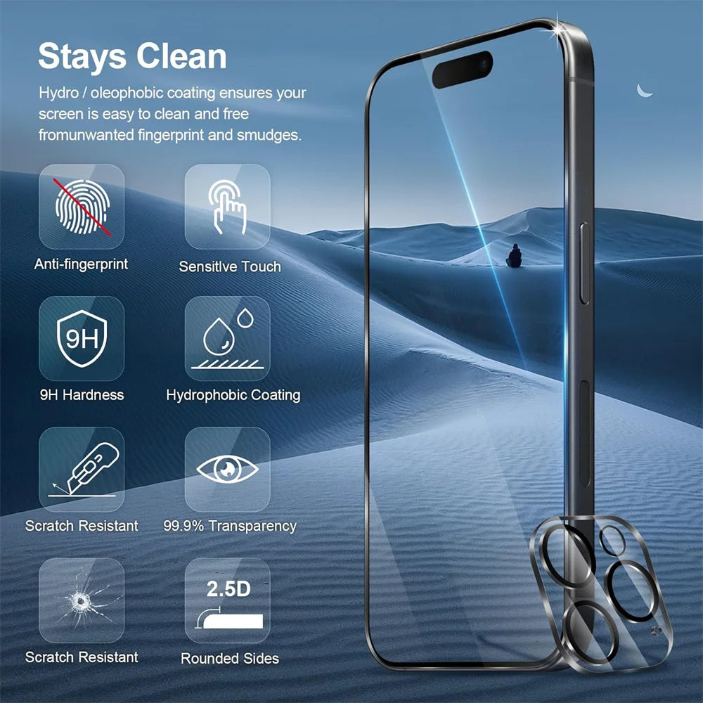 9H Camera Lens & Screen Protector For iPhone 16 15 Pro Max Tempered Glass For Apple iPhone 15 14 13 Pro Screen Protectors iPhone15 Plus Pelicula Cristal Temperado iPhone16 Phone Front Film iPhone 11 12 Mini 13 Verre