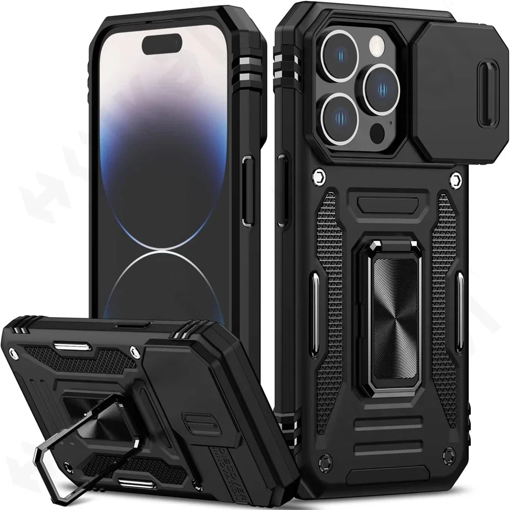 Case For iPhone 16 15 14 13 12 11 Pro XS Max Plus XR 8 7 Plus SE 2024 Ring Stand Armor Anti-fall Slide Camera Kickstand Cover