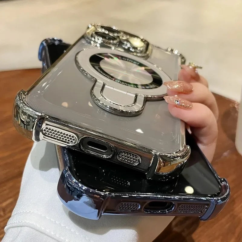 Luxury Plating Shockproof Magnetic Bracket Case For iPhone 15 16 11 12 13 14 Pro Max Plus For Magsafe With Holder Stand Cover